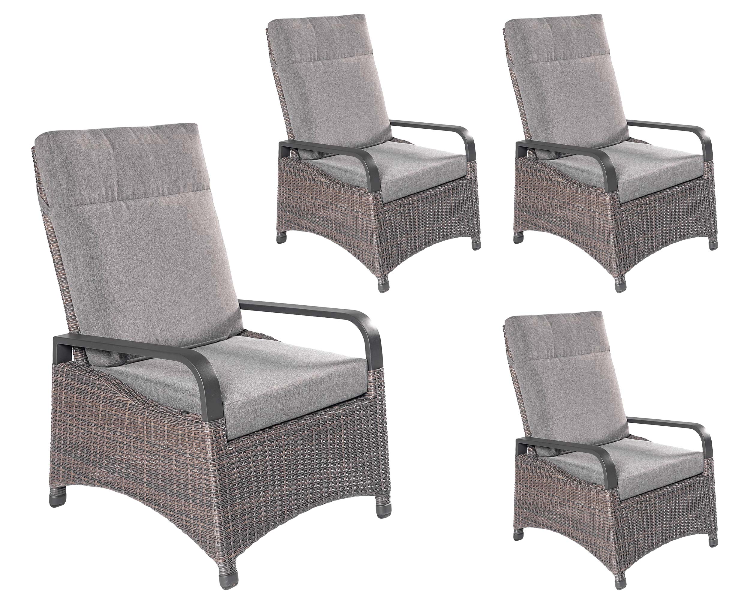LC Garden 4er Set »Komido« Gartensessel omega braun 88x67x105cm Verstellsessel aus handgeflochtenem Polyrattan inkl. Sitzkissen