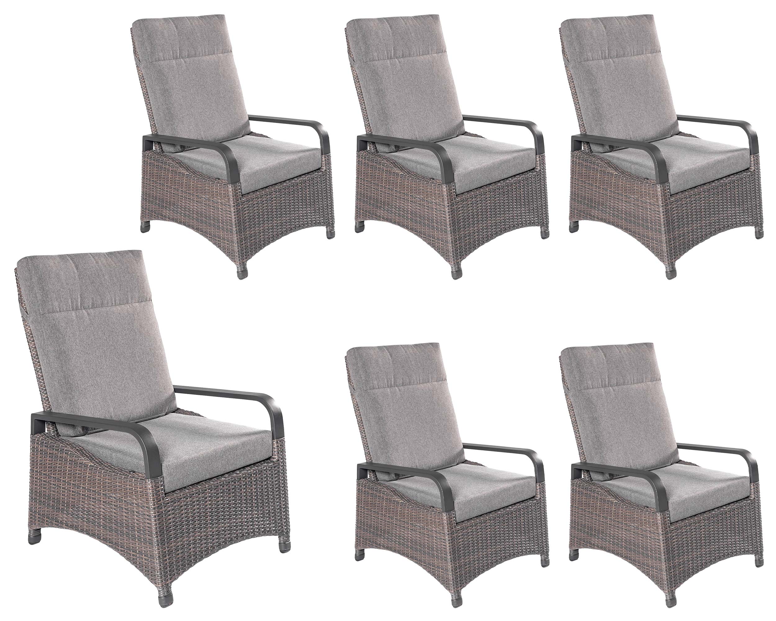 LC Garden 6er Set »Komido« Gartensessel omega braun 88x67x105cm Verstellsessel aus handgeflochtenem Polyrattan inkl. Sitzkissen